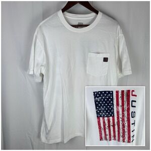 Justin Pocket T-Shirt Men's Medium Short Sleeve White‎ USA American Flag